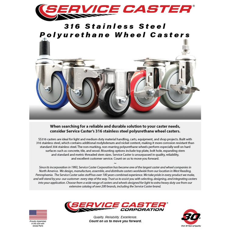 Service Caster 316SS Polyurethane Wheel Swivel Threaded Stem Caster SCC
